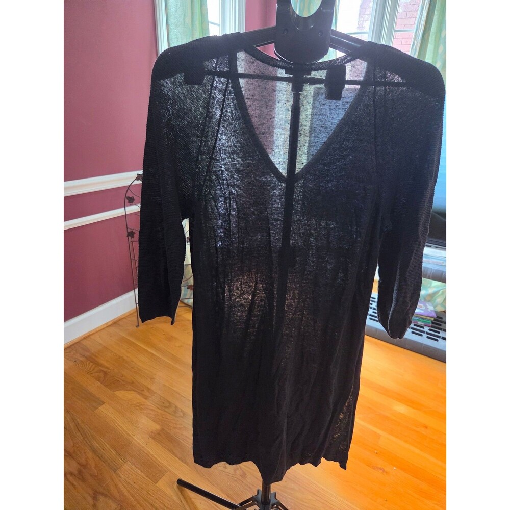 Women's Black Sheer V-Neck 3/4 Sleeve Tunic Top